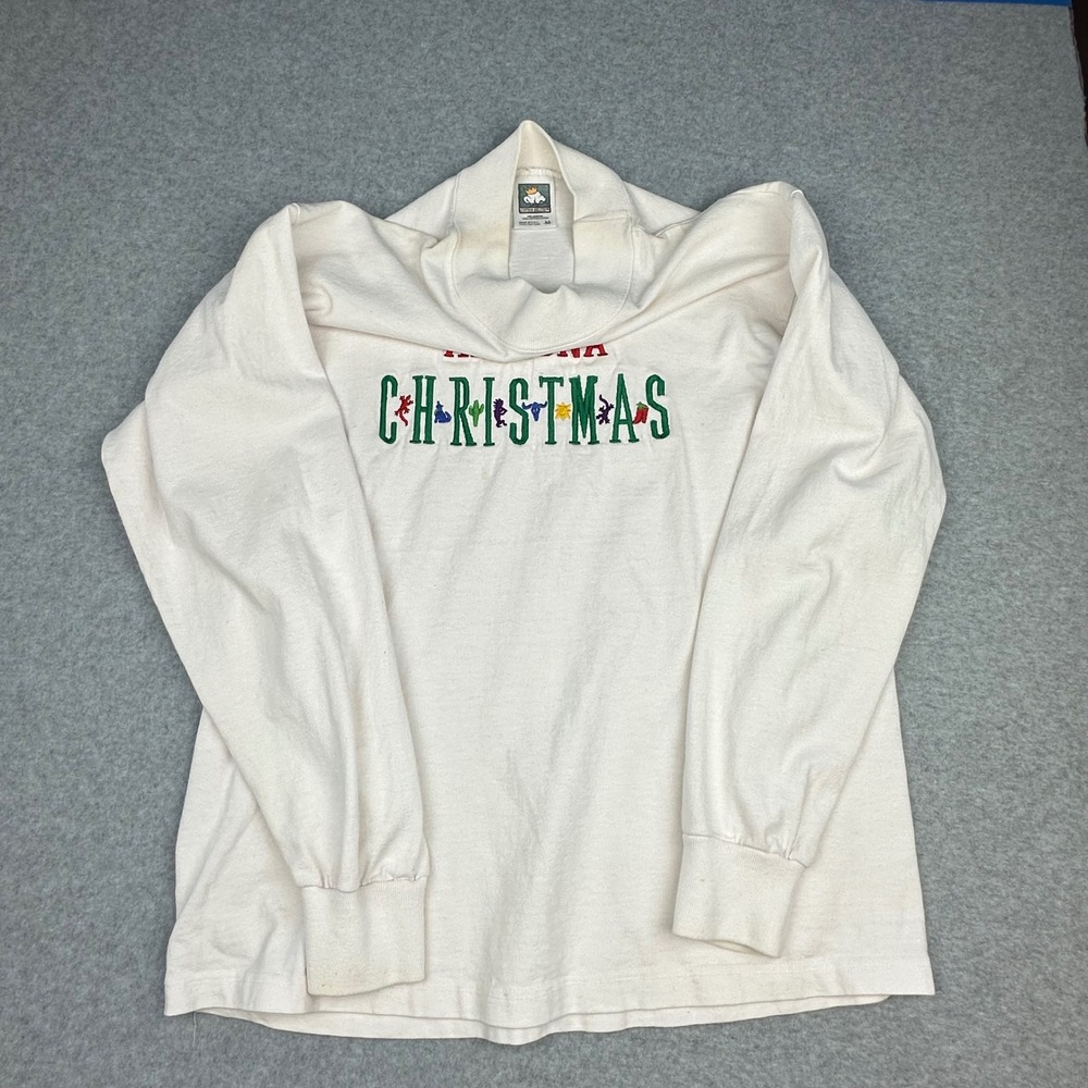 Vtg Cotton Deluxe Arizona Christmas Mock Neck Long Sleeve Shirt White Mens M